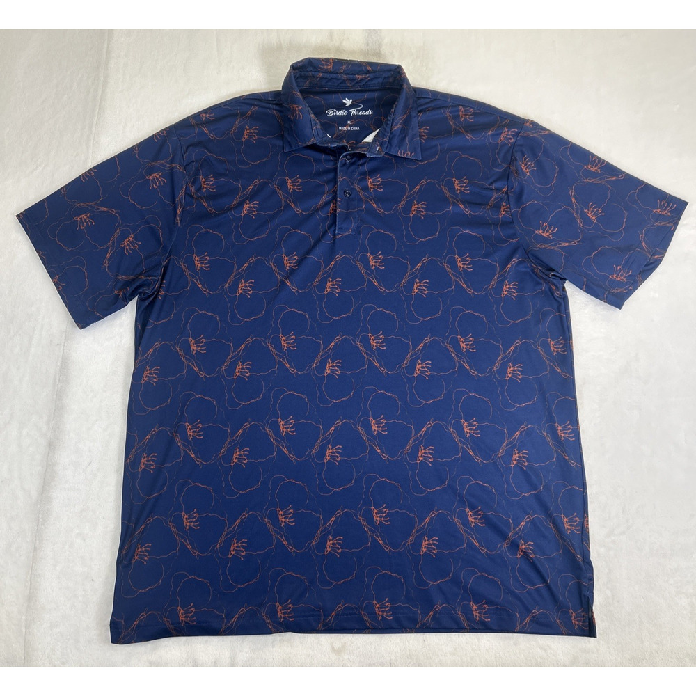 Birdie Threads Polo Shirt Mens XL Navy Blue with Org Poppy Print Bnfts Charity